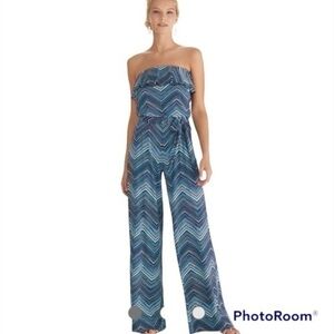 WHBM Jumpsuit Strapless Blue Black Stripe Jersey Knit Wide Leg XXS Party Chic
